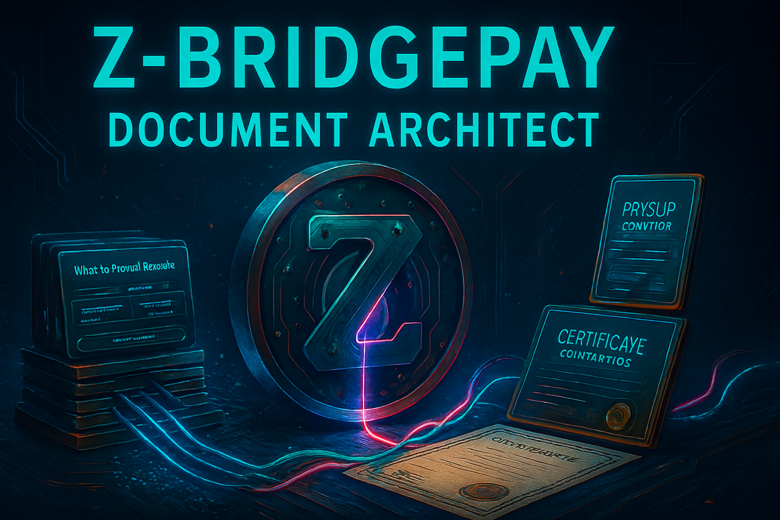 Hyper-real 3D ledger vault representing the Z-BridgePay Document Architect